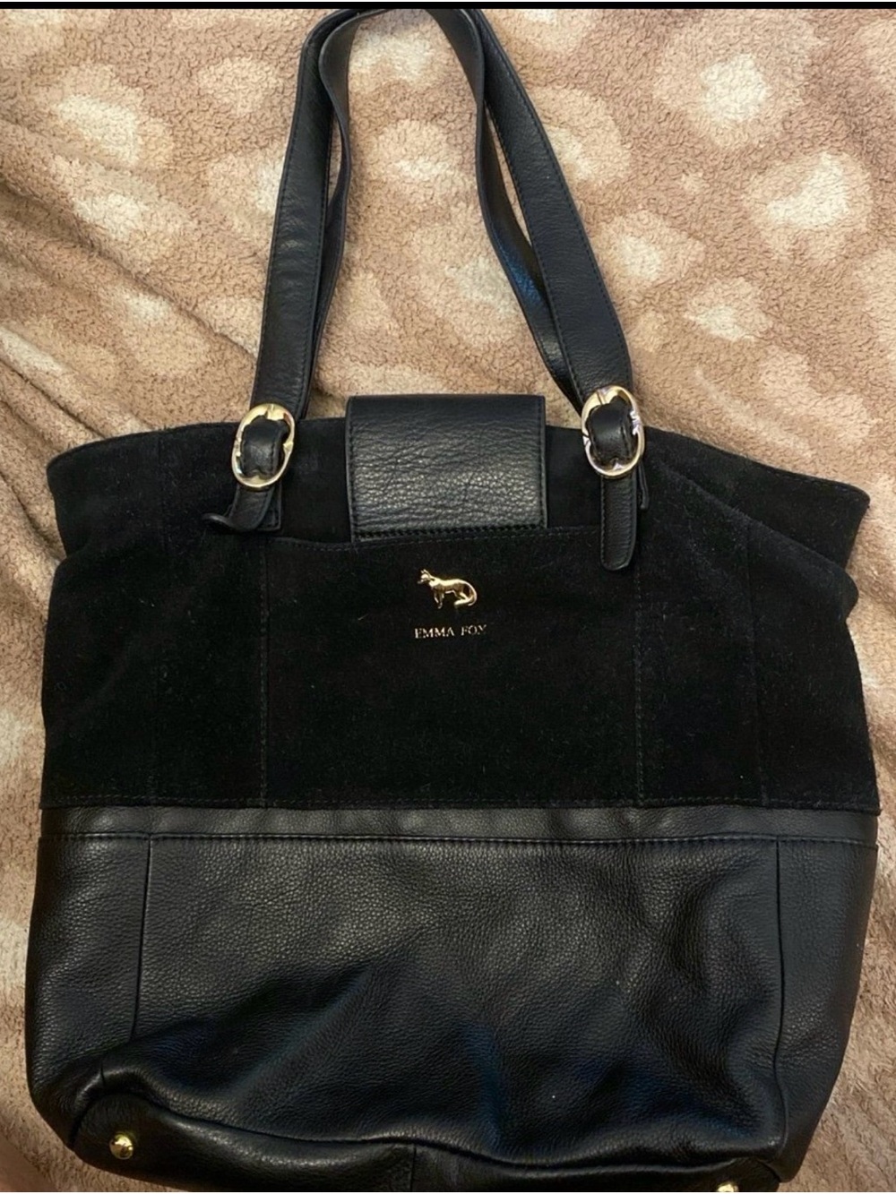 Emma Fox Black Leather and Suede Tote with Gold Accent